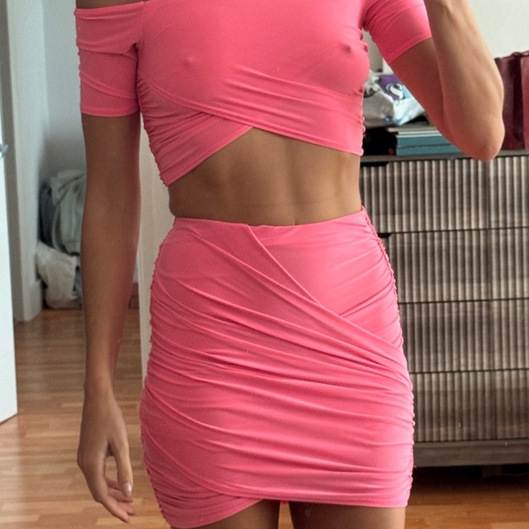 Dresses & Skirts - Pink Ruched Two-Piece Crop Top and Mini Skirt Set